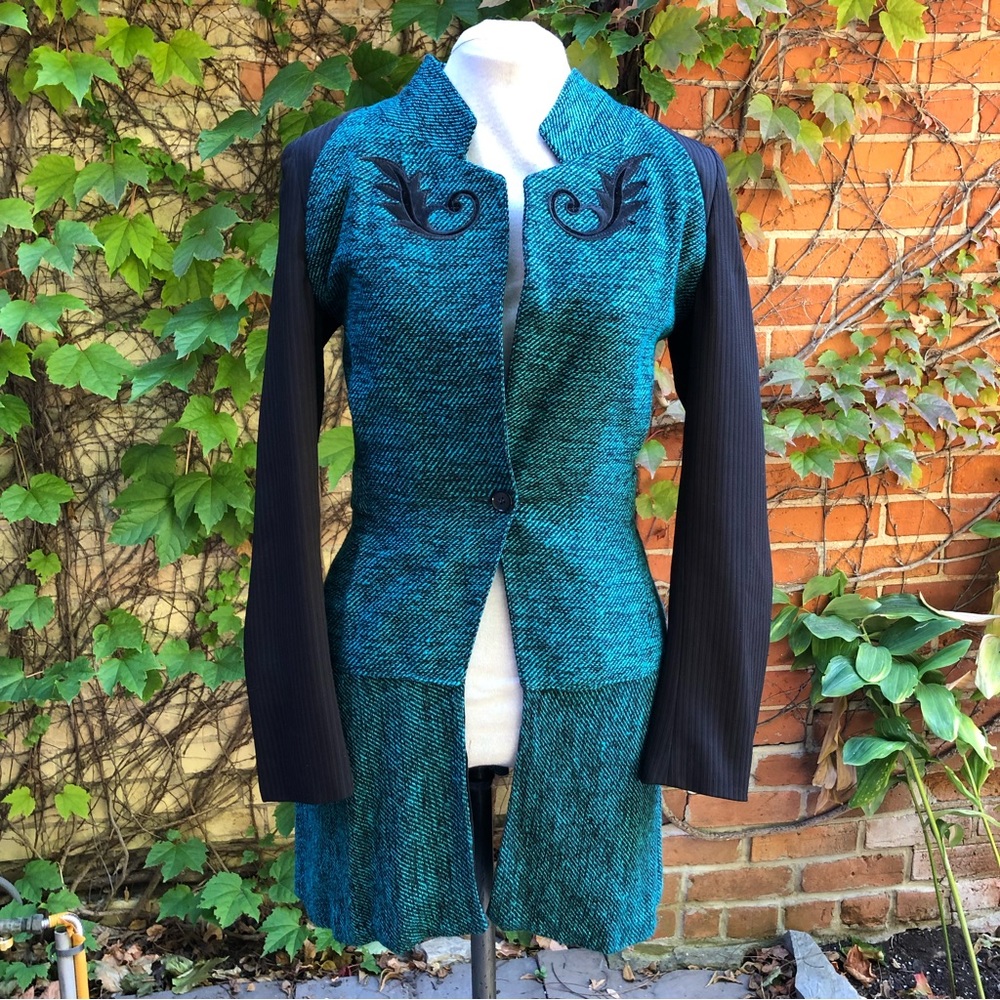 Lace Up Teal Jacket Upcycled Appliqué Small Black Embody Wool Coat
